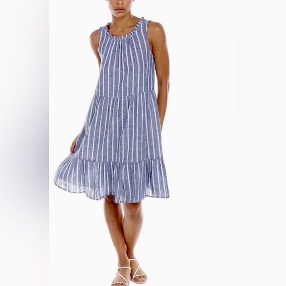 BeachLunchLounge | Blue Stripe Saison Linen Blend Tiered Sleeveless Dress, Small - Picture 2 of 10